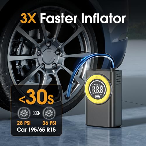 FLYKID Cordless Tyre Inflator Air Compressor, LED Light, 150 PSI, Auto Shutoff, 3 Nozzle Adapters - Cars, Bikes, Sports