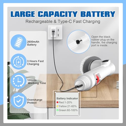Spin Scrubber: Cordless Rechargeable Cleaning Brush with 3 inch Brush Heads, Adjustable Arm for Bathroom, Kitchen, Window