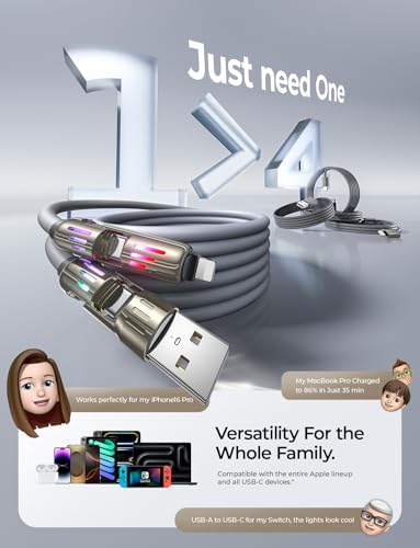 LISEN 4-in-1 Charger Cable: Type C/A to C/Lightning Cord, 2M, iPhone 17 Pro, MacBook, Samsung S25, PS5, Multiple Devices