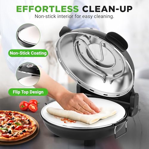 NutriChef 12-inch Pizza Oven: Temp Control, Viewing Window, Non-Stick Stone - Heats to 425°C - Easy Clean Home Pizza Maker - Black
