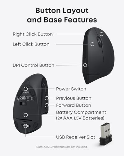Anker Wireless Vertical Ergonomic Mouse, 800-1600 DPI, 5 Buttons, for Laptop, PC - Black