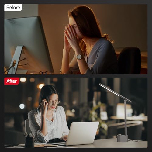 Honeywell LED Desk Lamp with USB Charging Ports, Dimmable Eye-Caring Sunturalux Light for Office Home, Foldable Table Lamp
