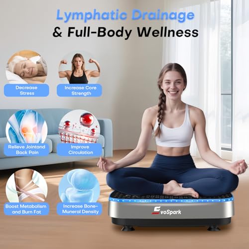 EvoSpark Vibration Plate: 9 LED Light Effects, 2-in-1 Motors, Lymphatic Drainage & Weight Loss, Fitness Platform