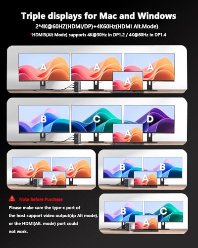 WAVLINK Laptop Docking Station: 3 HDMI, USB C, Triple 4K60Hz Display, 100W Charging, Mac/Windows, 2DP, 5 USB, Ethernet, Audio/Mic