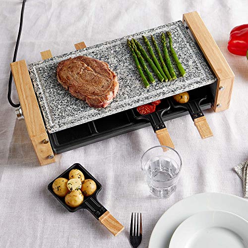 VonShef Electric Raclette Grill - 1200W Stone Machine for 8, Adjustable Temp, Scandi Wooden Design, 8 Mini Pans & Cool Handles
