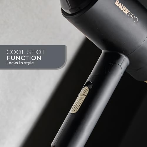 Bauer Ion FlowX Hair Dryer: Professional Ionic, 2 Speeds, 3 Heat Settings, Cool Shot, Concentrator Nozzle, Foldable - Travel Friendly