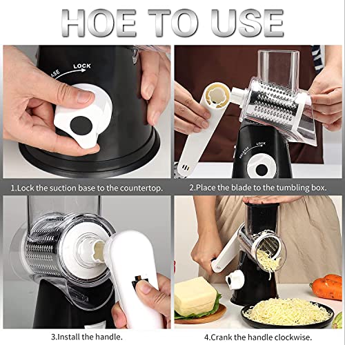 Ourokhome Rotary Cheese Grater - Vegetable Slicer with 3 Stainless Steel Drums, Strong Suction Base