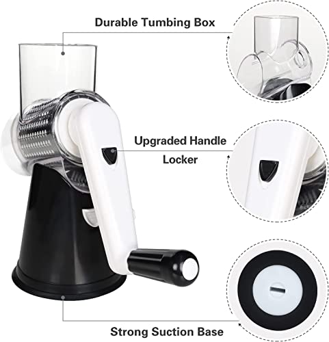Ourokhome Rotary Cheese Grater - Vegetable Slicer with 3 Stainless Steel Drums, Strong Suction Base