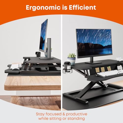 PUTORSEN Standing Desk Converter: 37'' Dual Tiered Sit-Stand Riser, Adjustable Workstation with Keyboard Tray, Cup Holder & Note Board