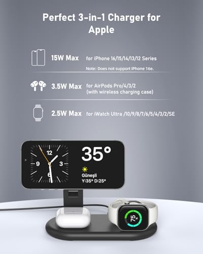 Apple 3-in-1 Wireless Charger Stand, 15W Fast MagSafe for iPhone, Apple Watch, AirPods