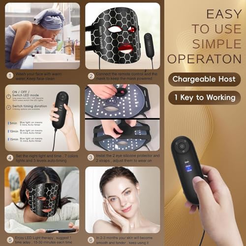 LED Light Therapy Facial Mask - Reusable with 3 Light Modes for Anti-Aging & Hydration, Remote Control, Eye Protection