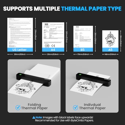 ByteCintia Portable Printer: C80 Bluetooth Thermal Printer for Travel, A4 8.5x11 Inch US Letter, Inkless, Android/iOS/Laptop, Black