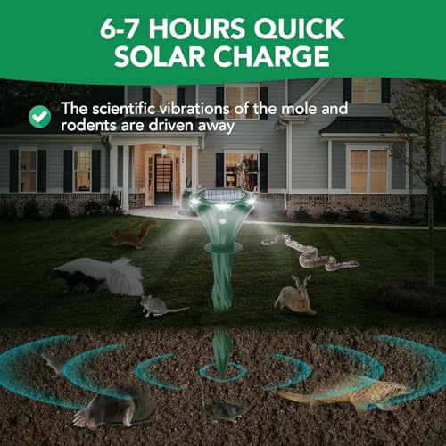 Solar Powered Mole & Snake Repellent: Motion Detection LED, Waterproof, Ultrasonic - Get Rid of Vole, Rabbit, Gopher, Raccoon
