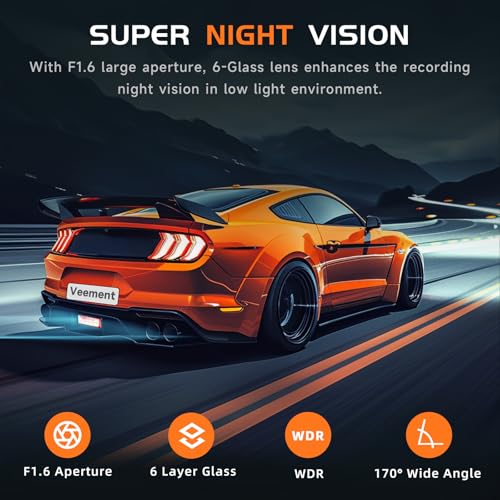 VEEMENT 2.5K Dash Cam: 1440P WiFi, WDR, Night Vision, G-Sensor