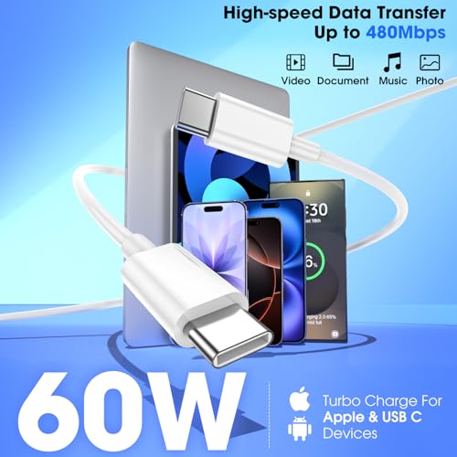 Fast Charging 3-Pack USB C Charger for iPhone 17/16/15 - 20W Block with 60W Type C Cable - 6FT Long