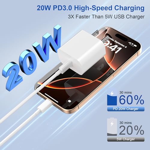 Fast Charging 3-Pack USB C Charger for iPhone 17/16/15 - 20W Block with 60W Type C Cable - 6FT Long