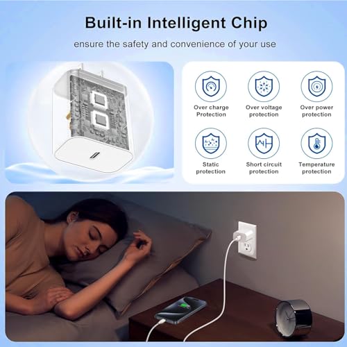 Fast Charging 3-Pack USB C Charger for iPhone 17/16/15 - 20W Block with 60W Type C Cable - 6FT Long