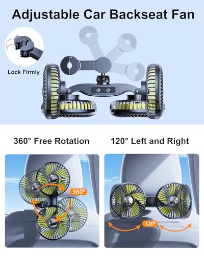 Nauttxon Car Backseat Battery Fan - Rechargeable, 360° Rotatable, Separate Control, Cold Air Blower for Kids, SUV, RV