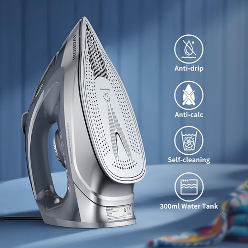 Brand Steam Iron 1700W: Rapid Heating, Burst of Steam, Non-Stick Ceramic Soleplate, Auto shutoff, Anti-Drip, Self-Cleaning