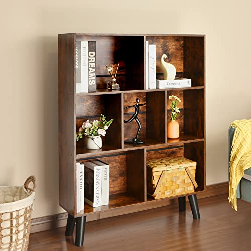 LEYAOYAO 3-Tier Cube Bookshelf: Mid-Century Rustic Brown, Retro Wood Storage Organizer Shelf for Bedroom, Living Room, Office