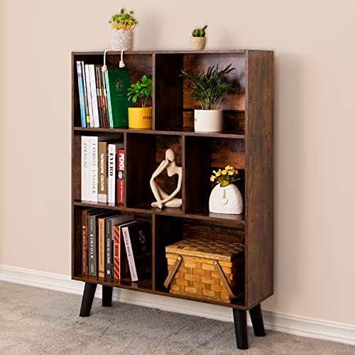 LEYAOYAO 3-Tier Cube Bookshelf: Mid-Century Rustic Brown, Retro Wood Storage Organizer Shelf for Bedroom, Living Room, Office