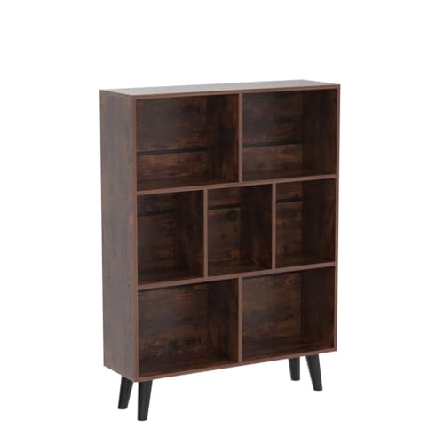LEYAOYAO 3-Tier Cube Bookshelf: Mid-Century Rustic Brown, Retro Wood Storage Organizer Shelf for Bedroom, Living Room, Office