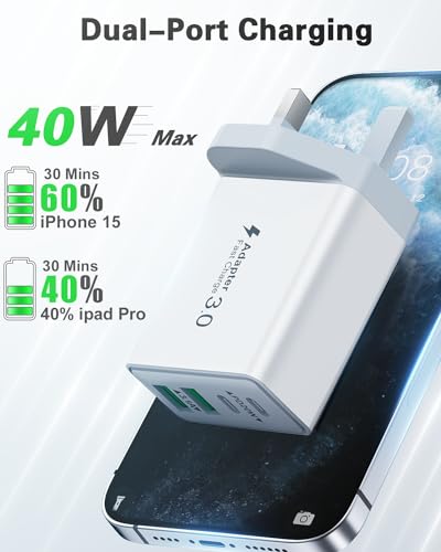 Fast Charge USB C Plug: 40W Multi Charger for iPhone 16 to 11 Pro, Samsung, Dual USBC Power Adapter