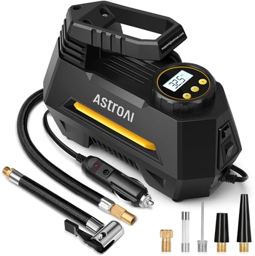 AstroAI 12V DC Tyre Inflator Air Compressor - Portable Car Pump with Auto-Stop, Digital Gauge, LED Light - 4 Adaptors
