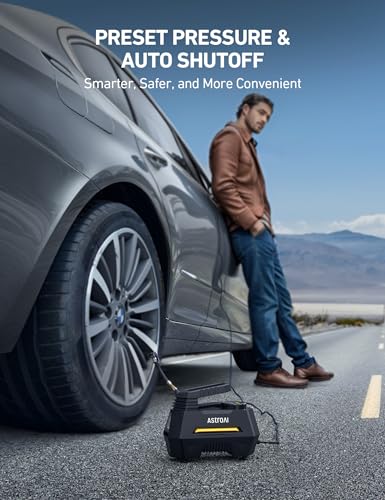 AstroAI 12V DC Tyre Inflator Air Compressor - Portable Car Pump with Auto-Stop, Digital Gauge, LED Light - 4 Adaptors