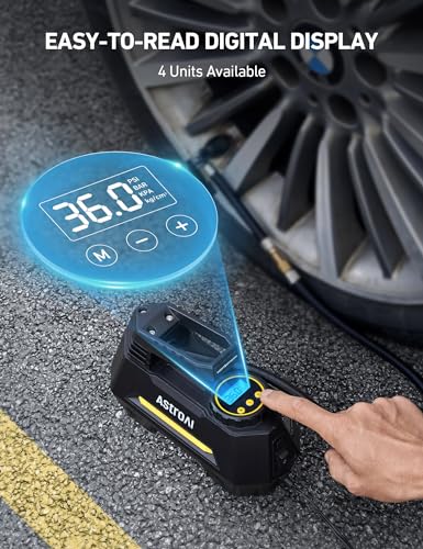 AstroAI 12V DC Tyre Inflator Air Compressor - Portable Car Pump with Auto-Stop, Digital Gauge, LED Light - 4 Adaptors