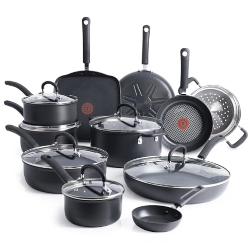 T-Fal Hard Anodized Nonstick Cookware Set 17 Piece with Fry Pan - Pots, Pans, Saute-Pan - Dishwasher Safe - Black
