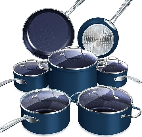 Nuwave Healthy Duralon Blue Ceramic Cookware Set, Scratch-Resistant, PFAS Free, Induction Ready, Oven Safe, Tempered Glass Lids