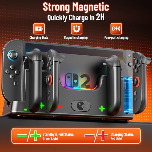 Wenocally Switch 2 Joycon Charger Station with 6 RGB Lights