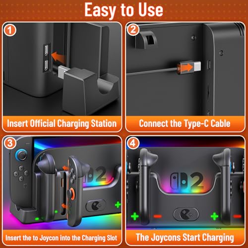 Wenocally Switch 2 Joycon Charger Station with 6 RGB Lights