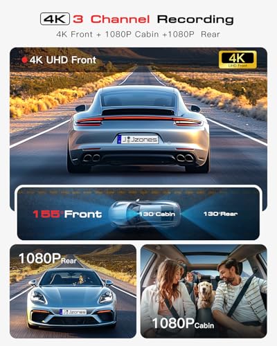 STARVIS 2 Sensor 4K+1080P Dash Cam Set with HDR Night Vision - 3 Channel Car Camera Kit, GPS & 64GB Card