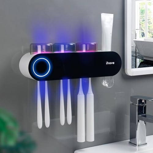 iHave Electric Toothbrush Holder with UV Sanitizer & Toothpaste Dispenser, 3 Cups, Smart Home Bathroom Accessories, Black