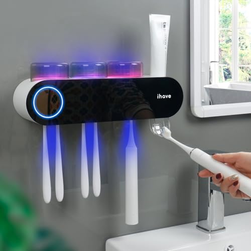 iHave Electric Toothbrush Holder with UV Sanitizer & Toothpaste Dispenser, 3 Cups, Smart Home Bathroom Accessories, Black
