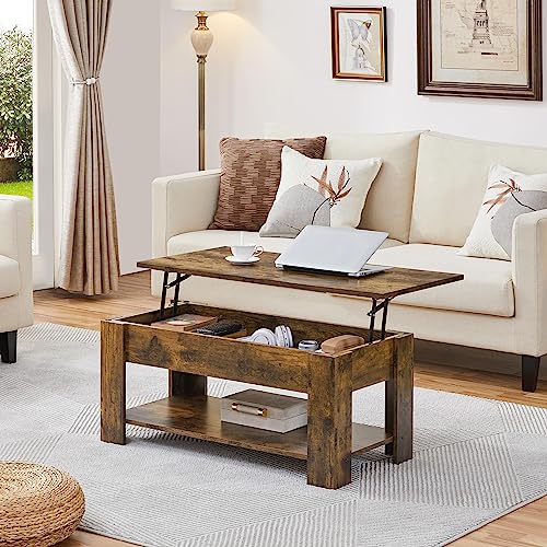 Yaheetech Lift Up Coffee Table: Wooden Tea Table with Hidden Storage - Rustic Brown, Living Room Furniture