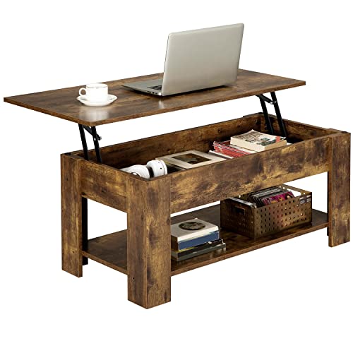 Yaheetech Lift Up Coffee Table: Wooden Tea Table with Hidden Storage - Rustic Brown, Living Room Furniture
