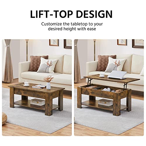 Yaheetech Lift Up Coffee Table: Wooden Tea Table with Hidden Storage - Rustic Brown, Living Room Furniture