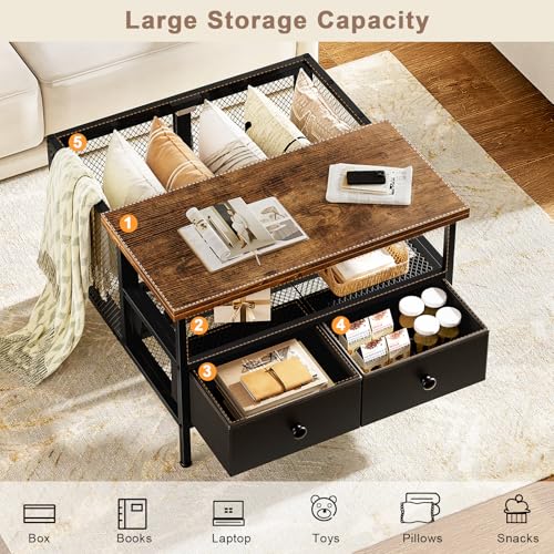 FABATO Square Coffee Table: Farmhouse Style, Lift-Up Top, Wire Mesh Barn Door, Storage, Steel Frame, Small Tea Table, Black