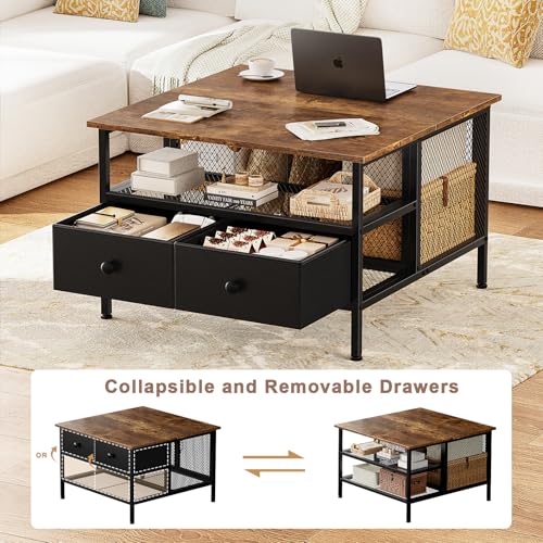 FABATO Square Coffee Table: Farmhouse Style, Lift-Up Top, Wire Mesh Barn Door, Storage, Steel Frame, Small Tea Table, Black