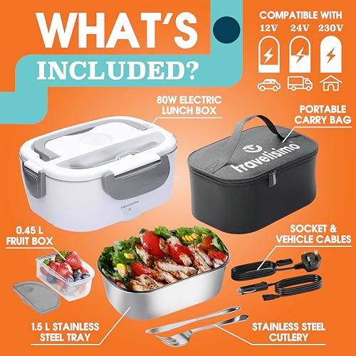 TRAVELISIMO 80W Electric Lunch Box Food Heater 1.5L Portable Warmer for Travel & Office - Stainless Steel Lunchbox