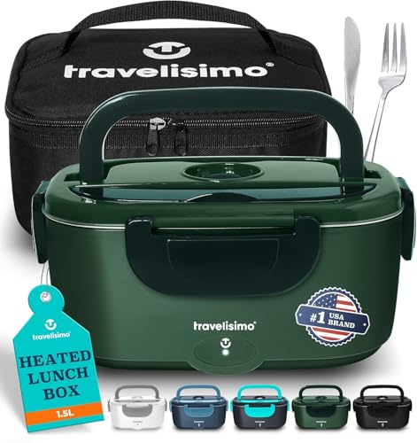 TRAVELISIMO Heated Lunch Box: 80W Portable Food Warmer, Stainless Steel, 1.5L, 12/24/110V, for Travel & Work