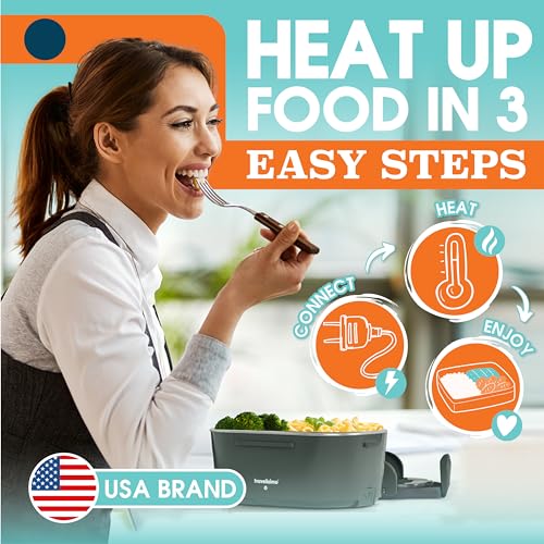 TRAVELISIMO Heated Lunch Box: 80W Portable Food Warmer, Stainless Steel, 1.5L, 12/24/110V, for Travel & Work