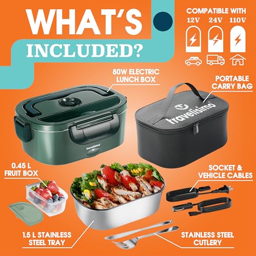 TRAVELISIMO Heated Lunch Box: 80W Portable Food Warmer, Stainless Steel, 1.5L, 12/24/110V, for Travel & Work