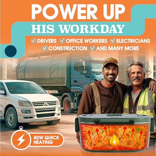 TRAVELISIMO Heated Lunch Box: 80W Portable Food Warmer, Stainless Steel, 1.5L, 12/24/110V, for Travel & Work