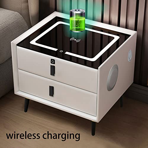 DWLOMHE Smart Bedside Table with 3 Drawers, USB, Wireless Charging, Fingerprint Lock, Bluetooth Speaker - Bedroom & Living Room