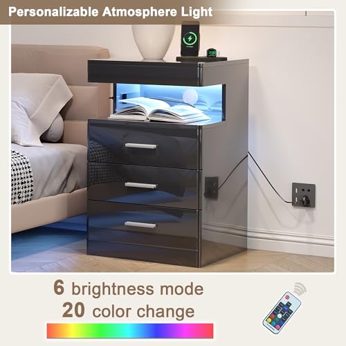 Treocho Modern Nightstand, 3-Drawer with Charging Station, RGB Lights