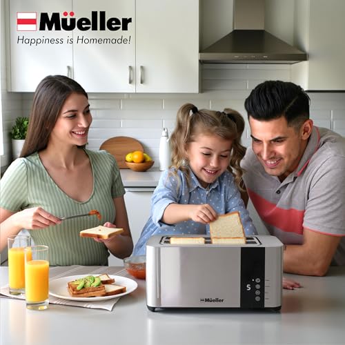 Mueller UltraToast Stainless Steel Toaster 4 Slice, Wide Slots for Bagels, 6 Browning Levels, LED Display, Kitchen Gadget